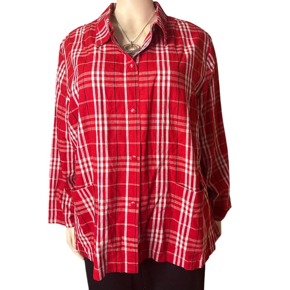 Maggie Barnes Long Sleeve Snap Front Shacket Size 28W in Red and White Plaid